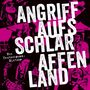 „ANGRIFF AUFS SCHLARAFFENLAND“, „Ein Deutschpunk-Mixtape“. Collage aus Konzert- und Bandbildern in Pink und Schwarz.