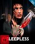 Vorab-Cover oben, FSK 18 links unten, darunter "SLEEPLESS". Illustration: Frau, blutiges Messer, Harfe vor Mond., 1 Ultra HD Blu-ray und 1 Blu-ray Disc