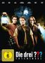 „Die drei ??? – Toteninsel“ zeigt drei Jungen mit Lampen in einem nächtlichen Wald, ein gelbes FSK-Logo auf der linken Seite., DVD