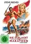 Text: "STEVE REEVES", "DIE SCHLACHT VON MARATHON", "FSK ab 12 freigegeben". Illustration eines muskulösen Mannes und einer Frau., DVD