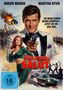 Filmplakat: "TÖDLICHER SALUT", ein Mann im Anzug zielt mit Pistole, eine Frau in grüner Kleidung, brennender Hubschrauber., DVD