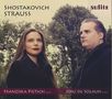 "SHOSTAKOVICH STRAUSS" oben, "FRANZISKA PIETSCH VIOLIN" und "JOSU DE SOLAUN PIANO" unten. Zwei Personen im Vordergrund vor Bäumen., CD