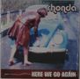 Texts: "rhonda" oben rechts, "HERE WE GO AGAIN" unten. Eine Person in einem braunen Outfit beugt sich zu einem blauen Auto., Single 7"