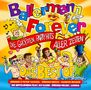 Bunte, fröhliche Illustration mit tanzenden Menschen, Bierkrügen und Noten. Text: "Ballermann Forever - Die größten Partyhits aller Zeiten - Das Best Of".