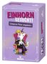 „EINHORN GESUCHT! Schwarzer Peter umgekehrt“ steht in großen Buchstaben. Ein Einhorn sitzt auf einem Thron.