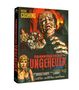 Text: "Frankensteins Ungeheuer", "Peter Cushing", "Peter Woodthorpe", "Duncan Lamont". Illustration: Monster und Personen vor Flammen., Blu-ray Disc
