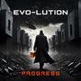 "EVO-LUTION" oben, "PROGRESS" unten; Einzelperson in Mantel mit Koffer in futuristischer, zerstörter Umgebung., CD