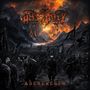 Logo der Band "Obscurity" oben. Text "AscheRegen" unten. Szene von Kriegern vor einem feurigen Himmel., LP