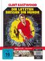 Text oben: "CLINT EASTWOOD". Titel: "DIE LETZTEN BEISSEN DIE HUNDE". Illustration: Mann in Rot mit Waffe durch Loch., 1 Ultra HD Blu-ray und 1 Blu-ray Disc