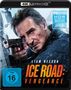 "ICE ROAD: VENGEANCE" in großen roten Buchstaben, Liam Neeson mit Pistole, Schneesturm-Hintergrund, 4K Ultra HD Logo., Ultra HD Blu-ray