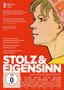 „Stolz & Eigensinn“, ein Film von Gerd Kroske. Zitate von MDR Kultur, Deutschlandfunk, Radio Eins. Profil einer Frau im Stil einer Illustration., DVD