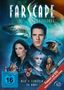 Text: "Farscape Komplettbox. Alle 5 Staffeln, 34 DVDs. Premiere auf DVD: Staffel 4 erstmals mit DEUTSCHER SYNCHRO."
Beschreibung: Science-Fiction-Illustration mit Raumschiff und Charakteren vor einem Weltraumhintergrund.