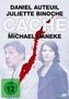 Text: "Daniel Auteuil, Juliette Binoche, Cache, Michael Haneke" über blassem Hintergrund, roter Streifen. FSK 12 Logo., DVD