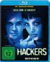 "4K REMASTERED", "THEIR CRIME IS CURIOSITY", "FSK ab 12 freigegeben", "HACKERS", "BOOT UP OR SHUT UP!". Zwei Gesichter, blau beleuchtet., Blu-ray Disc