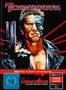 "Titel: TERMINATOR. FSK 16. Mit Arnold Schwarzenegger. Illustration: Mann teils Cyborg, rote Strahlen, Lederjacke."