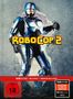 "ROBOCOP 2" in großen, gelben Buchstaben auf einem futuristischen Roboter in blauer Rüstung vor einer zerbrochenen Wand.