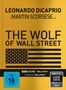 Leonardo DiCaprio, Martin Scorsese Film: The Wolf of Wall Street. USA-Flagge mit Dollarzeichen auf goldenem Hintergrund.