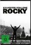 Oben steht "SYLVESTER STALLONE ROCKY". Darunter hebt eine Person in Trainingsanzug triumphierend die Arme.