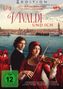 "Vivaldi und ich" in roter Schrift. Ein Mann und eine Frau mit Geige in historischer Kleidung vor einer Stadtansicht.
