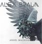 Text: "ALEX BRAUN", "ANGEL MACHINE". Eine mechanische Engelsflügel-Illustration mit Zahnrad und elektrischen Blitzen., CD
