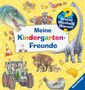 "Wieso Weshalb Warum" und "Meine Kindergarten-Freunde" auf gelbem Hintergrund mit Dinosaurier, Traktor, Wildschwein, Robbe., Buch