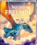 "MEINE FREUNDE" in weißer Schrift. Ein blau-weißer Drache mit weit ausgebreiteten Flügeln fliegt durch einen bunten Himmel., Buch