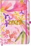 "2027" in goldener Schrift. Bunte, florale Aquarell-Muster in Rosa, Lila, Gelb und Grün mit pinken Bändern., Kalender