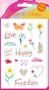 "Sticker & Etiketten", "100 Sticker", "Love", "Good vibes", "Happy", "Freedom". Illustration mit Blumen und Schmetterlingen., Buch