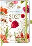 "2027" in goldener Schrift, darunter florale Illustrationen mit Blumen, Blättern und einem Schmetterling., Kalender