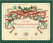 Zauberhafte Weihnachtssticker. Zum Dekorieren und Verzieren. Grün-rotes Design mit Mistel, Bändern und Glocken.