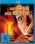 "Die Spur der Bestie", "FSK ab 16 freigegeben". Illustration: Frau mit angsterfülltem Blick und Messer, Treppe im Hintergrund.