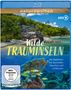 "Wilde Trauminseln" und Orte wie Malediven, Seychellen, auf einem Cover. Tropische Landschaft mit Strand und Korallenriff.