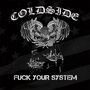 "COLD SIDE" oben, "FUCK YOUR SYSTEM" unten. Illustration eines Adlers mit ausgebreiteten Flügeln, darunter Waagschalen., LP