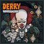 „Derry: Its Many Faces“ steht oben. Illustration eines Clowns umgeben von Monstern, Fledermaus, und Rabe., LP