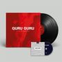 Text auf rotem Hintergrund: "GURU GURU - Live in Concert". Schwarze Vinyl-Schallplatte, DVD und CD mit Text und Muster., 2 LPs und 1 DVD