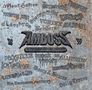 Texte: "Amboss", "Thüringer Bratwurst", "Gladiator", "Vortex". Rostige Metallplatte mit verschiedenen Bandnamen., 2 LPs