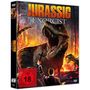 "Jurassic Exorcist", FSK ab 18, ein Mann hält ein Kreuz vor einem Dinosaurier in einem brennenden Wald. DVD-Hülle., DVD