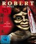Text: "ROBERT THE DOLL TEIL 1 & 2 DIE PUPPE DES TEUFELS". 
Ein gruseliges Puppengesicht mit blutigem Messer., DVD