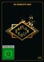 Text: "DIE KOMPLETTE SERIE", "BABYLON BERLIN". 
Logo: Schwarzer Hintergrund, goldenes geometrisches Design mit Bruchmuster. FSK 12 Kennzeichnung unten links., 12 Blu-ray Discs