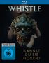 Text: "WHISTLE", "VORAB-COVER", "Kannst du sie hören?", "FSK ab 16 freigegeben."  
Ein Gesicht mit einer alten Maske., Blu-ray Disc