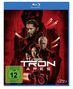"TRON ARES", "FSK ab 12 freigegeben". Menschen, futuristische Stadt, Motorrad, rotes und schwarzes Farbschema., Blu-ray Disc
