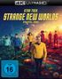„Star Trek: Strange New Worlds, Staffel Drei“, Sci-Fi-Szene mit bunter Alien-Landschaft, Crew in Uniformen, etliche Pflanzen.