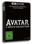 Text: "4K ULTRA HD", "VORLÄUFIGE ABBILDUNG", "AVATAR 3-MOVIE-COLLECTION", "FSK 12". Schwarzes Blu-ray-Cover., 3 Ultra HD Blu-rays und 3 Blu-ray Discs