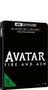 Text: "4K ULTRA HD", "AVATAR FIRE AND ASH", "VORLÄUFIGE ABBILDUNG", "FSK 12". Schwarzes DVD-Cover., 1 Ultra HD Blu-ray und 2 Blu-ray Discs