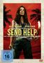 Oben stehen Namen und darunter „SEND HELP“ in Gelb. Eine Frau hält eine Fackel vor einem roten Hintergrund mit Palmen., DVD