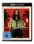 Ein Filmcover: "SEND HELP" in großen gelben Buchstaben. Eine Frau mit blutverschmiertem Gesicht steht vor einem roten Hintergrund mit Palmen., Ultra HD Blu-ray
