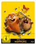FSK ab 6 freigegeben. Disney Pixar Hoppers. Zwei fröhliche Nagetiere brechen durch Papier, mit flatternden orangefarbenen Schmetterlingen.