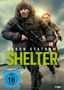 Text: „JASON STATHAM SHELTER“, „FSK ab 16 freigegeben“. Zwei Personen rennen am Strand., DVD