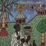 GASPER-LAWAL AJOMASE. Bunte Illustration: Hütten, Palmen, Person mit Gefäß, grüne und blaue Texturen, leuchtende Farben., LP