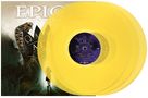 Text: "EPIC", "OMEGA", "ALPHA", Songtitel sind aufgelistet. Gelbe Schallplatte über einem Albumcover mit mystischem Design.